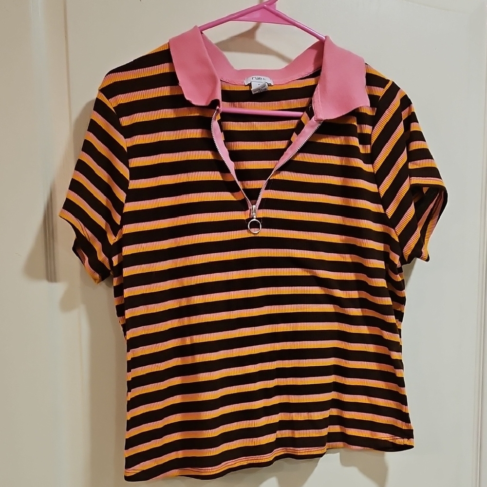 Forever 21 Pink and Brown Striped Polo